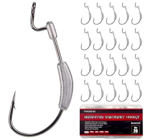 20Pcs Weighted Bass Fishing Hooks Set, Customized Swimbait Hooks Wide Gap Weedless Worm Fish Hook with Molded Bait Keeper 1/0 2/0 3/0 4/0 - size: 1/16oz-1/0