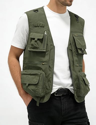 Men's Lightweight Mesh Fishing Vest Utility Outdoor Multi-Pocket Hunting Cargo Vest - color: Army Green, size: 3X-Large