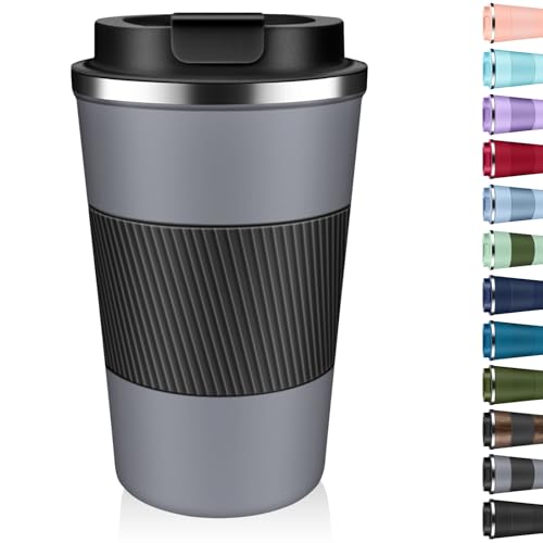 Insulated Coffee Tumbler 12 oz, Stainless Steel Coffee Mug with Lids, Travel Coffee Mug Leak Proof, Double Wall Vacuum Insulated Reusable Coffee Cup, Keep Drinks Hot and Cold (Gray, 12 Ounces)