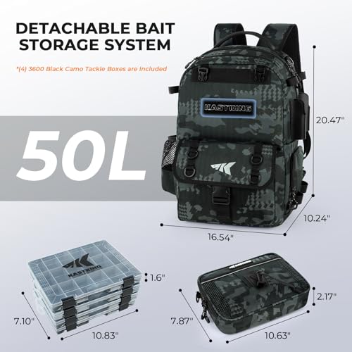 KastKing BaitSpace Fishing Tackle Backpack with Removable Bait Binder,2 Rod Holders Storage Fishing Gear and Equipment - color: B: Black Camo, size: With (4) 3600 tackle boxes