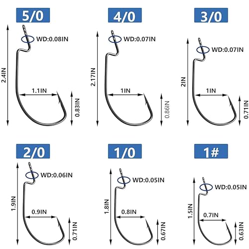 Bass Fishing Hooks 3X Strong Offset EWG Worm Hooks Jigs for Soft Plastic Bait Bass Trout Texas Rig 1-5/0 - size: 50PCS-1#