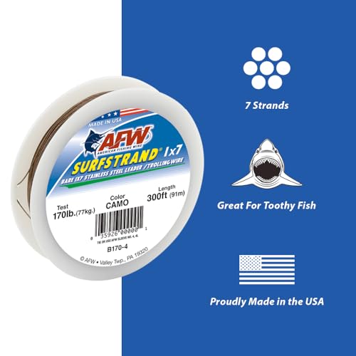 American Fishing Wire Surfstrand Bare 1x7 Stainless Steel Leader Wire - Fishing Leader Line for Saltwater, 20lb Test - 325lb Test in Bright, Camo in 30ft, 300ft, 600ft and 1,000ft Lengths - color: Camo, size: 20 lb / 30 ft