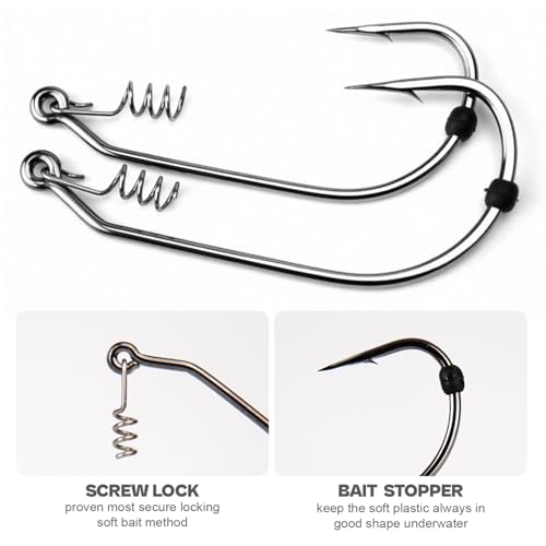 Weedless Swimbait Hooks with Screw Lock & Bait Stopper- 1/0 2/0 3/0 4/0 5/0 6/0 7/0 Sizes Worms Hooks for Bass Fishing - size: 4/0 - 40Pack
