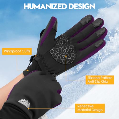 Bruvoalon Winter Gloves for Women & Men, 3M Thermal Insulation, Lycra Fabric, Touchscreen, Anti-Slip - color: Black/Purple, size: XX-Large