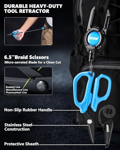 Fishing Tool Kit, Fishing Gear - Fishing Plier with Sheath, Fillet Knife, Fishing Scissors, Fish Lip Gripper, Tool Retractor, Keychain Bottle Opener, Fishing Gifts for Men - color: Blue-7Pcs