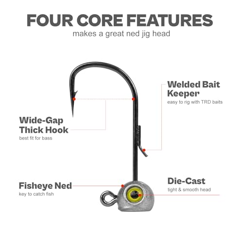 15-Pack Fish Eye Ned Rig Jig Heads with Welded Wire Bait Keeper – 1/16 3/32 1/8 3/16 1/4oz with 2/0 3/0 Hooks, Chartreuse Eyes, Secure Finesse TRD Hookup for Bass Fishing - size: 1/16oz - 15Pack