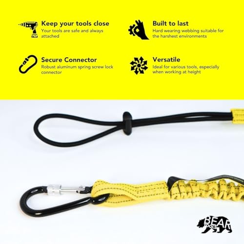 BearTOOLS Tool Lanyard with Buckle Strap – Clip Bungee Cord – Heavy Duty Screw Locking Connector – Fall Protection and Safety – Adjustable Loop End – Tough Tether – Construction - 0922YS (2 Pack) - size: 2-pack
