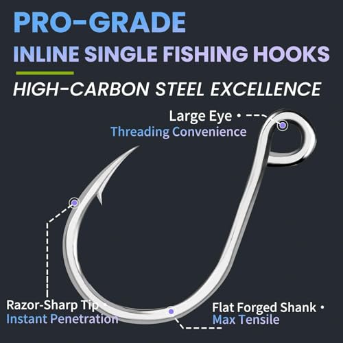 Natufish Inline Single Hooks 25Pcs for Treble Hook Replacement | Fishing Inline Hooks High Carbon Steel Large Eye Sharp Point Corrosion Resistant 8#-5/0# for Hard Lures Saltwater Freshwater - size: 5/0_25pcs