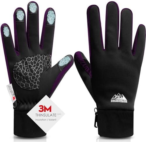 Bruvoalon Winter Gloves for Women & Men, 3M Thermal Insulation, Lycra Fabric, Touchscreen, Anti-Slip - color: Black/Purple, size: Large