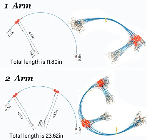 YOTO Fishing Leaders,Saltwater Tackle Rig with Swivels Snap, High-Strength Fishing Wire Gear Equipment for Lures Bait Or Hooks,1Arm and 2Arm - color: Blue Stainless Steel Leaders, style: 2arm，24pack