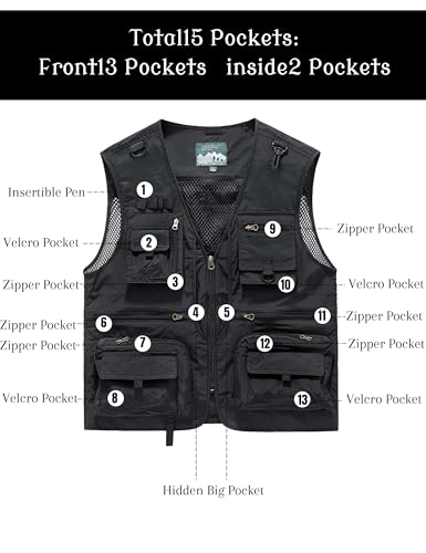 Men's Lightweight Mesh Fishing Vest Utility Outdoor Multi-Pocket Hunting Cargo Vest - color: Black, size: Large