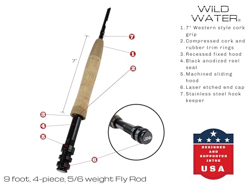 Wild Water Standard Fly Fishing Combo Starter Kit, 5 or 6 Weight 9 Foot Fly Rod, 4-Piece Graphite Rod with Cork Handle, Accessories, Die Cast Aluminum Reel, Carrying Case, Fly Box Case & Fishing Flies