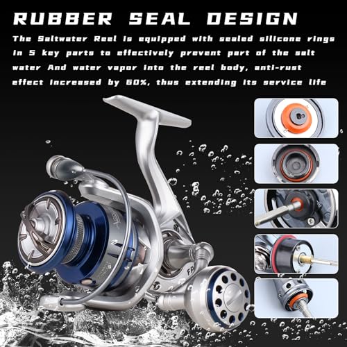 Saltwater Spinning Reel,13+1BB Ultra Smooth Saltwater Fishing Reels,Powerful Carbon Drag,CNC Aluminum Spool & Handle - color: silver&blue, size: 6000