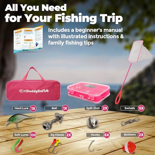 DaddyGoFish Kids Fishing Pole - Rod Reel Combo Tackle Box Starter Set - First Year Small Gear Kit for Boys Girls Toddler Youth Age Beginner Little Children - color: 2 Pack- Pink + Pink (Essential Set), size: 4ft