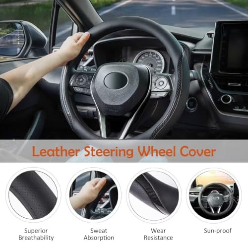 Steering Wheel Cover Black, Carbon Fiber Car Steering Wheel Covers with Coasters Universal 14.5-15 inch Leather Microfiber Breathable Anti-Slip Steering Wheel Accessories Set - color: black02, size: Medium