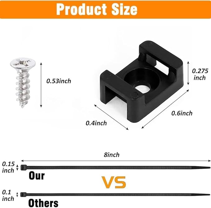 Black Cable Zip Tie Mounts Kit-100 Pcs Cable Zip Tie Saddle Type Mounts Base with 100 Pcs 8" Cable Ties and 100 Pcs Tapping Screw, Wire Cable Clips Organizer Holders Clamps