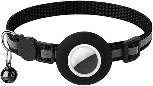 Breakaway AirTag Cat Collar with Reflective Strip, Compatible with AirTag – Lightweight and Adjustable Kitten Collar for Boy and Girl Kittens, Includes Safety Release Buckle and Bell (Black)