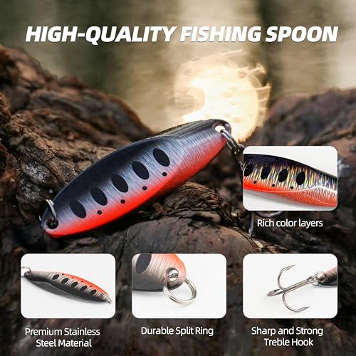 Jigging Spoon Fishing Lures, Slant Cut Metal Spoon with Glow, High Flash, Sharp Treble Hooks, Precision Wobble for Bass, Trout, Pike & Walleye - color: New10PCS, size: 3/8oz