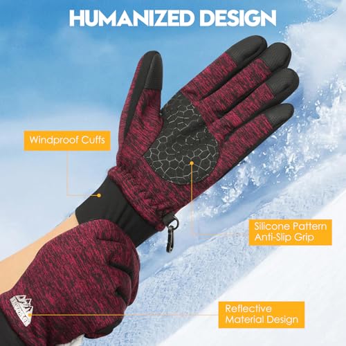 Bruvoalon Winter Gloves for Women & Men, 3M Thermal Insulation, Lycra Fabric, Touchscreen, Anti-Slip - color: Black/Red, size: X-Small