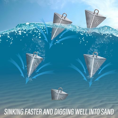 Alwonder Pyramid Sinkers Lead Fishing Weights for Surf Pompano Catfishing | Pyramid Weights 1oz-2LB Saltwater Freshwater Fishing Sinkers No-Roll Triangle Inshore Ocean Beach Casting Bottom Pier Fishing - size: 10 Pack Kit: 1oz*3, 2oz*3, 3oz*2, 4oz*2