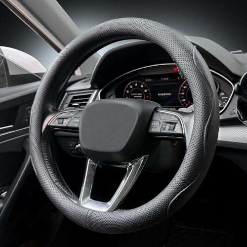 LKWLIKEI Nappa Premium Leather car Steering Wheel Cover, Non-Slip, Breathable, Universal 15 inches - color: Black-A