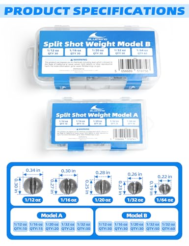 BLUEWING 100pcs/200pcs Split Shot Weight Fishing Sinker Removable Lead Pinch Weight Kit for Freshwater & Saltwater (1/64oz 1/32oz 1/20oz 1/16oz 1/12oz Mixed) - style: Model A(100pcs)
