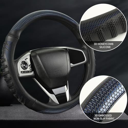 3D Steering Wheel Cover Great Grip with 3D Honeycomb Hole, Anti-Slip Sporty Design, Universal 15 inch(Black with Blue) - color: Black with Blue, size: Round-Middle[14.5''-15'']