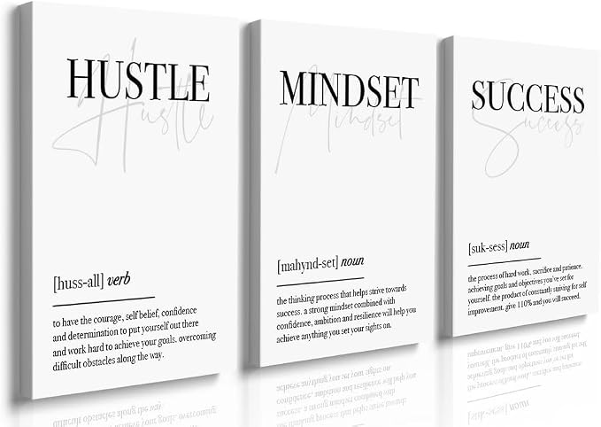 GUBIYU Hustle Mindset Success Wall Art Set of 3 Framed Canvas Black and White
