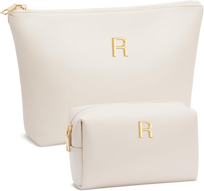 Valentine's Day Gifts for Women Girlfriend Initial Makeup Bag for Teen Girls Personalized Gifts for Friend Teacher Mom Wife Cosmetic Travel Toiletry Bag(Beige,R)