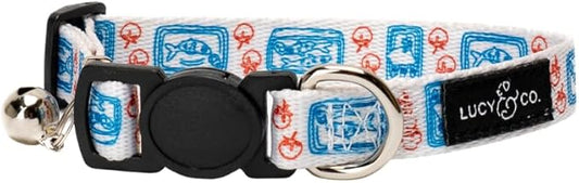 Lucy & Co. Tinned Fish Breakaway Cat Collar with Bell – Designer Print Adjustable Safety Collar for Cats, Kittens & Small Dogs, Lightweight Pet Collar for Boy & Girl Cats – Large