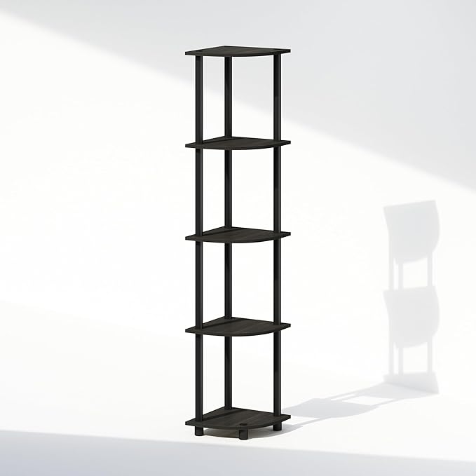 Furinno Turn-N-Tube Storage Shelves, 5-Tier Book Shelf, Corner Shelf, Toolless Open Shelves, for Organization and Storage, Living Room, Home Office, Hallway, Bedroom, Espresso