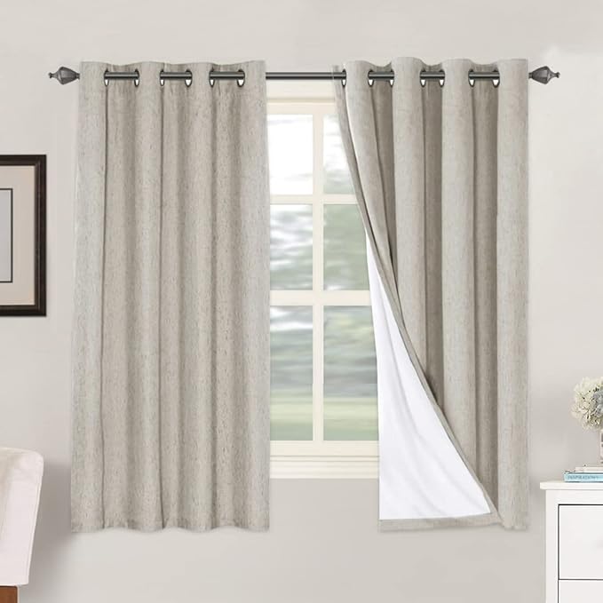 H.VERSAILTEX Linen Blackout Curtains 63 Inches Long 100% Absolutely Blackout Thermal Insulated Textured Linen Look Curtain Draperies Anti-Rust Grommet, Energy Saving with White Liner, 2 Panels, Stone