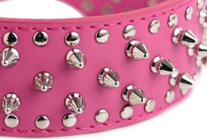 Serijoars Spiked Studded Dog Collar, PU Leather Dog Collar, Adjustable Pet Collars for Medium or Large Breed Pet (M, Hot Pink)
