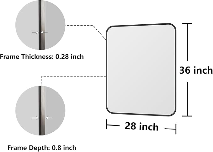 Koonmi Bathroom Mirror, 28X36 Brushed Black Rectangle Wall Mirror, HD Tempered Glass, Anti-Rust Frame Vanity Mirror, Rounded Rectangle Mirror for Restroom, Bedroom, Hangs Horizontal or Vertical