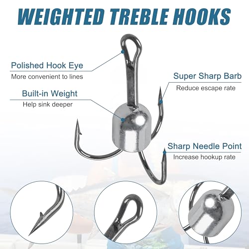 Snagging Hooks Snagging Weighted Treble Hooks 5pcs Large Weighted Fishing Hooks for Baitfish Tuna Swordfish Trout Salmon Fishing 4 Sizes 1oz 1.25oz 1.5oz 2.5oz - size: Mixed Sizes-5pcs