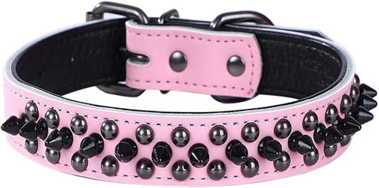 Spiked Studded Dog Collar, Genuine Leather Dog Collar, Adjustable Pet Collars for Medium Large Bulldog Pitbull Mastiff Poodle Boxer (L:37-47cm, Pink-1)