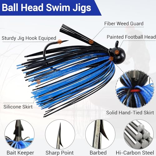 Weedless Football Jigs for Bass Fishing, Multi-Coloured Finesse Football Jig Heads with Vivid Hand-Tied Silicone Skirt and Weed Guard 1/4 3/8 1/2 3/4oz (Pack of 5) - size: 3/8oz-5pcs