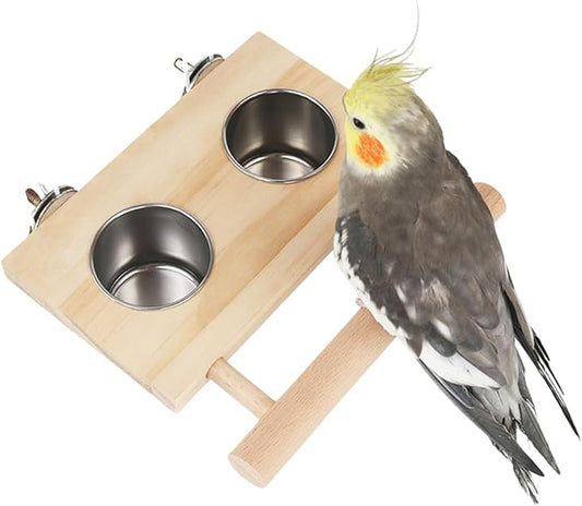Bird Food Stainless Steel Cups Wooden Perch Stand Hanging Feeder Bowls Feeding and Watering Supplies for Parakeets Conures Cockatiels Budgie Parrot (L)