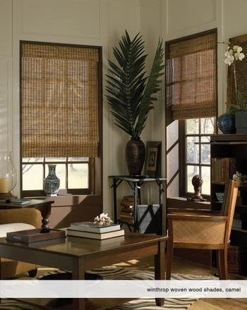 Cordless Woven Wood Roman Shades, 63W x 36H, Ashbury Camel, Sizes 20-72 Wide