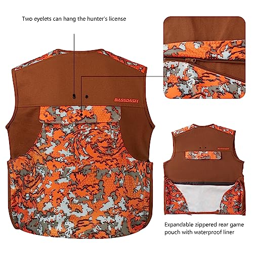 BASSDASH Upland Game Field Water-Resistant Bird Hunting Vest with Multi Pockets Men Women FV11 - color: Brown/Flame Camo, size: 3X-Large