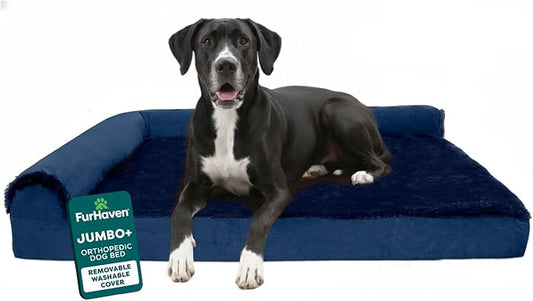 Furhaven Orthopedic Dog Bed for Large Dogs w/ Removable Bolsters & Washable Cover, For Dogs Up to 125 lbs - Plush & Velvet L Shaped Chaise - Deep Sapphire, Jumbo Plus/XXL