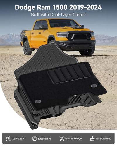 3W Floor Liner & Carpet Top Bundle for 2019-2024 Dodge Ram 1500 Crew Cab (New Body/Without Storage) All-Weather 1st & 2nd Row TPE Mats Set, Not for Classic Models - size: 19-24 Ram 1500 w/o Storage Floor Mats & Carpet