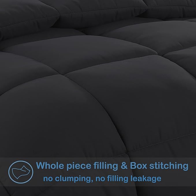 EASELAND Twin Size Down Alternative Comforter - Quilted Duvet Insert for All Seasons, Soft Lightweight with Corner Tabs, Summer Winter Warm Bedding, Black 64×88 Inches