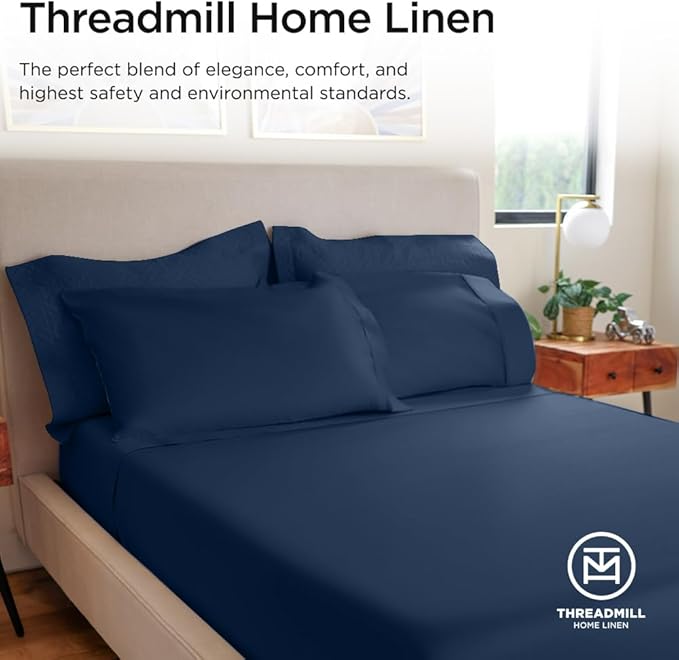 Threadmill 100% Cotton Sheets for Full Size Bed - 600 Thread Count Full Bed Sheets Set with 16” Deep Pocket - Sateen Weave 4-Piece Bedding Set with Cooling Effect, Folkstone Blue