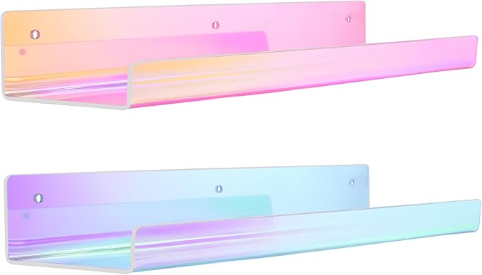 upsimples Acrylic Shelves for Wall Decor, 15" Display Shelf for Perfume, Skincare, Nail Polish, Wall Organizer for Bathroom, Bedroom, Living Room, Playroom, Kids Bookshelf, Iridescent, 2 Pack