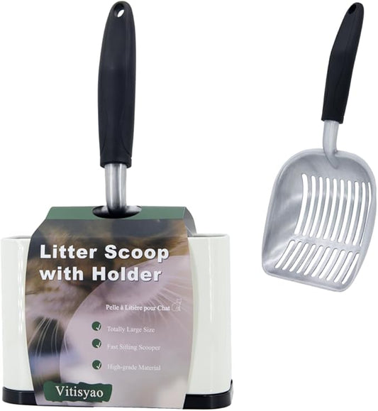 Heavy Duty Cat Litter Scoop with Holder, Stainless Steel Kitty Litter Scooper Caddy for Litter Box, Aluminum Speed Sifter Captures All Clumps