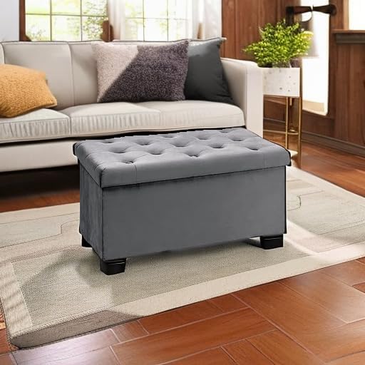 B FSOBEIIALEO Folding Storage Ottoman, Long Ottomans Shoes Bench, Velvet Storaeg Chest Footrest Seat 31.5"x15.7"x15.7" (Grey, Large)