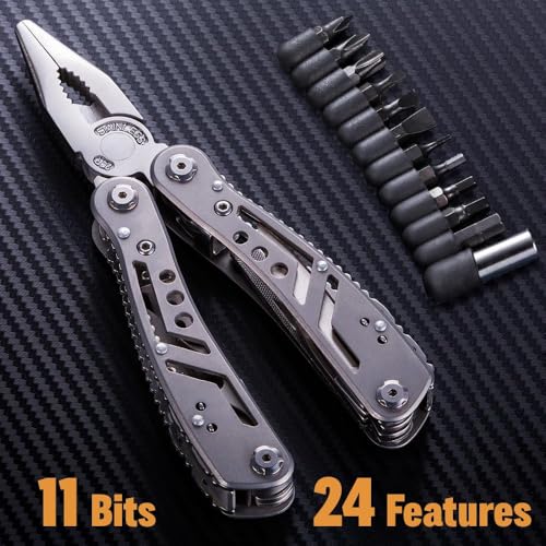 24-in-1 Multitool with Knife, Pliers & 11 Magnetic Bits - Black Stainless Steel Multi Tool for Camping, Hiking, EDC - Gift for Men 2238B - color: 2. Black