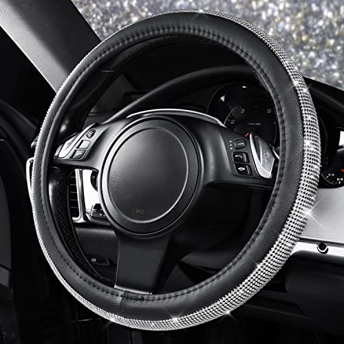 CAR PASS Bling Diamond Leather Steering Wheel Cover, with Bling Sparkly Crystal Glitter Rhinestones Universal Fit 14.5in-15in Car Wheel Protector for Women Girl Fit Suvs,Vans,Sedans,Car,Trucks, Silver - color: Silver Diamond