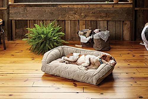 Orvis ComfortFill-Eco Bolster Dog Bed - Plush Rectangular Dog Beds with Three-Sided Bolster for Leaning, Heathered Khaki - M